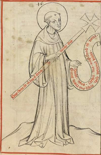 miniatura San Benedetto con la preghiera che da significato alle lettere della CROCE